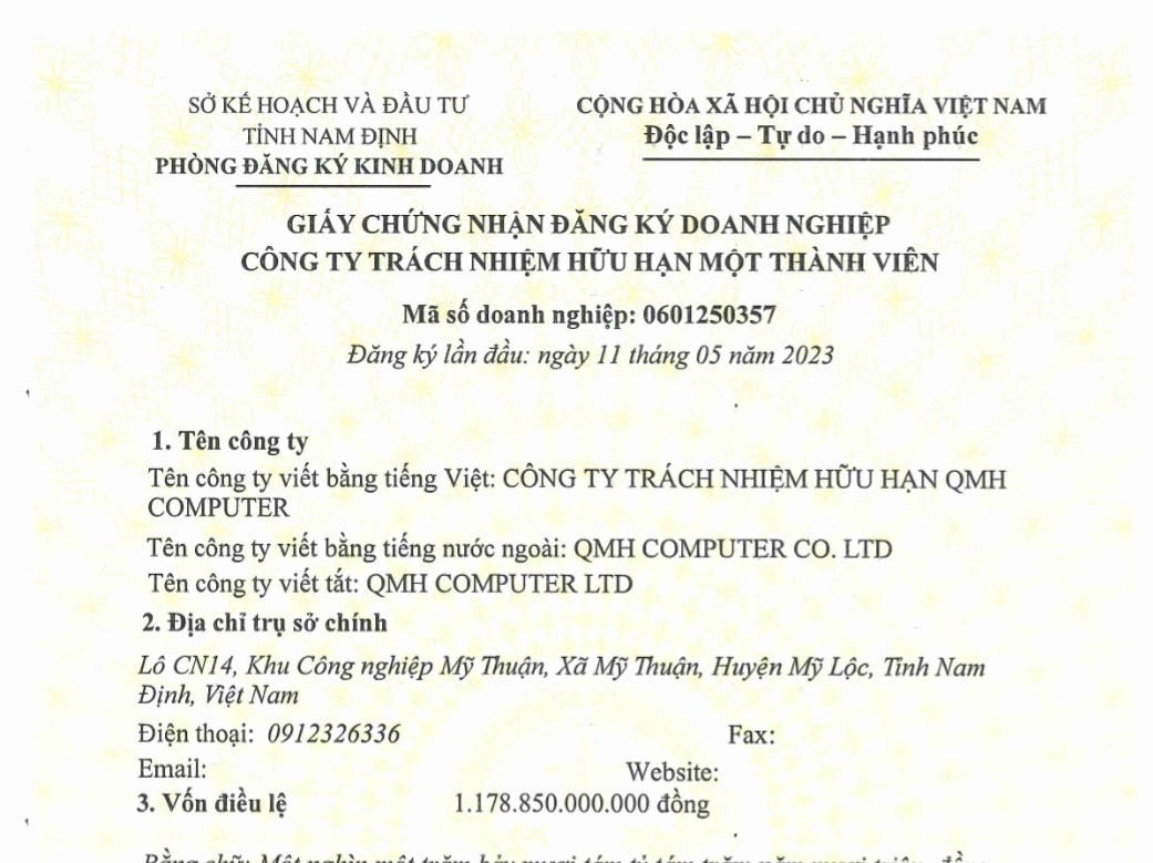 Giấy chứng nhận đăng ký doanh nghiệp được chính quyền Nam Định cấp cho Tập đoàn Quanta sáng nay, 11/5, sau 6 ngày cấp Giấy chứng nhận đầu tư dự án.