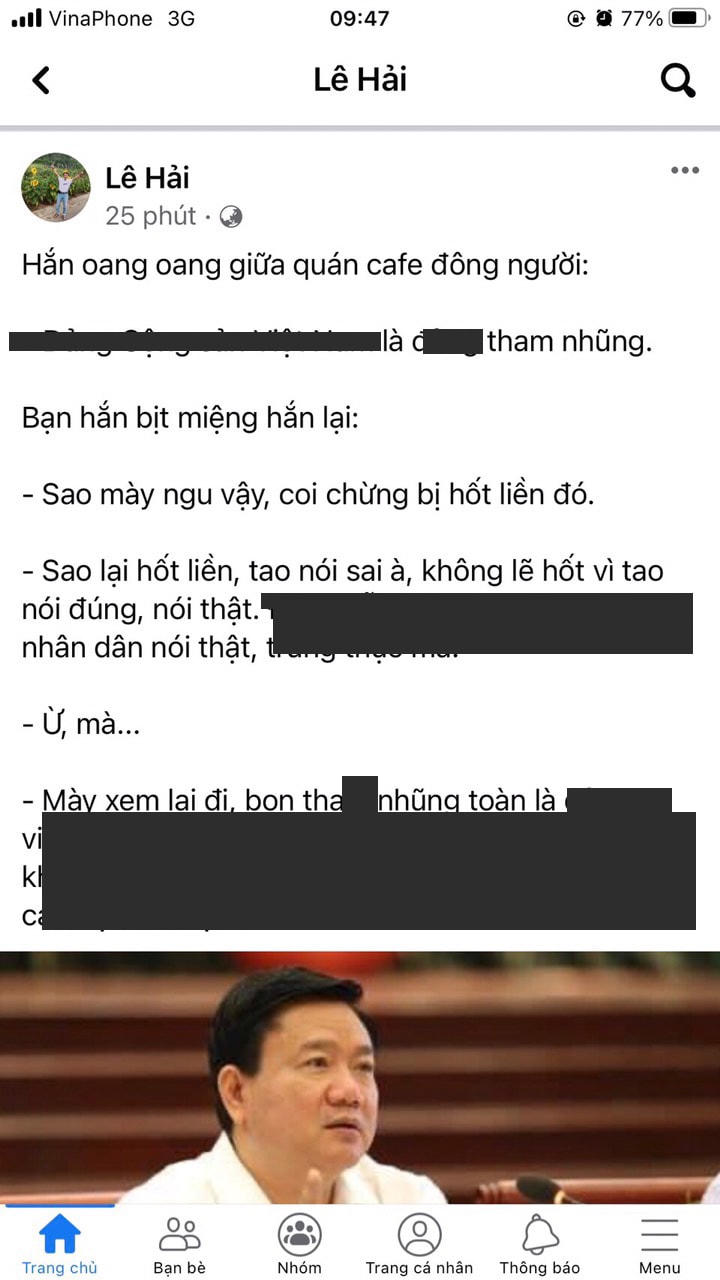 Nội dung xuyên tạc trên facebook của ông L.T.H.. Ảnh: Sở TT&TT Đà Nẵng cung cấp.