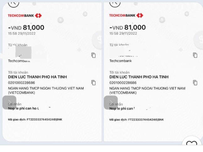 Hóa đơn nộp phí nộp chậm tiền điện gửi về tài khoản của Điện lực Thành phố Hà Tĩnh.