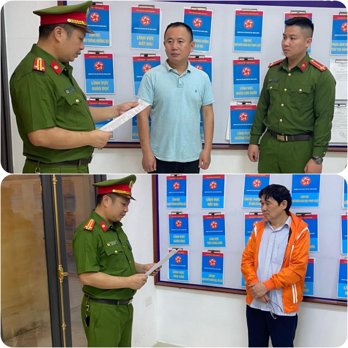 Quách Văn Hưng (ảnh trên) và Trần Văn Tuấn (ảnh dưới) tại thời điểm bị công bố lệnh bắt tạm giam.