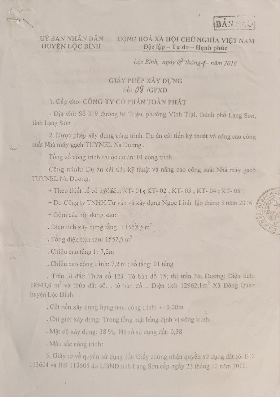 Giấy phép xin xay dựng giai đoạn II của Công ty Cổ phần Toàn Phát