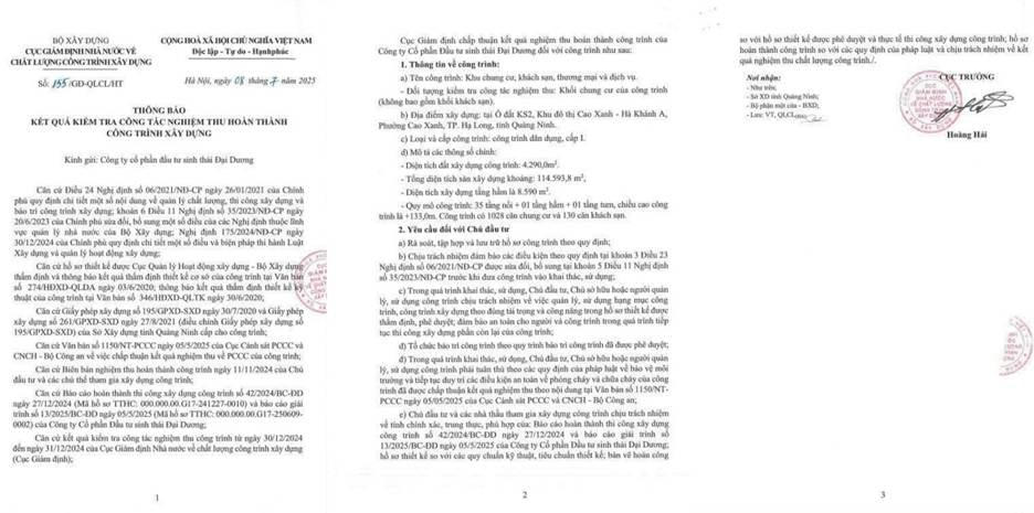 Thông báo kết quả công tác nghiệm thu hoàn thành công trình xây dựng.