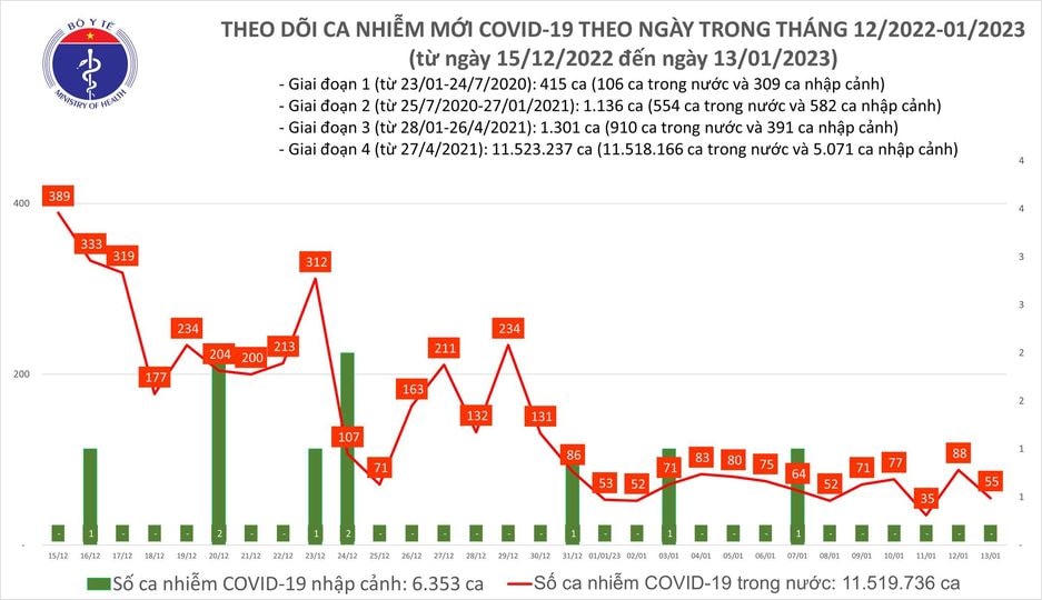 Biều đồ số ca mắc Covid-19 tại Việt Nam thời gian qua.