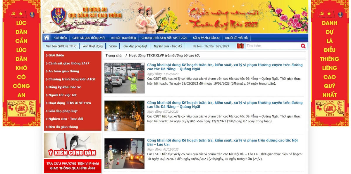 Cổng thông tin điện tử của Cục Cảnh sát giao thông đăng tải kế hoạch, chuyên đề tuần tra kiểm soát (Ảnh chụp màn hình)