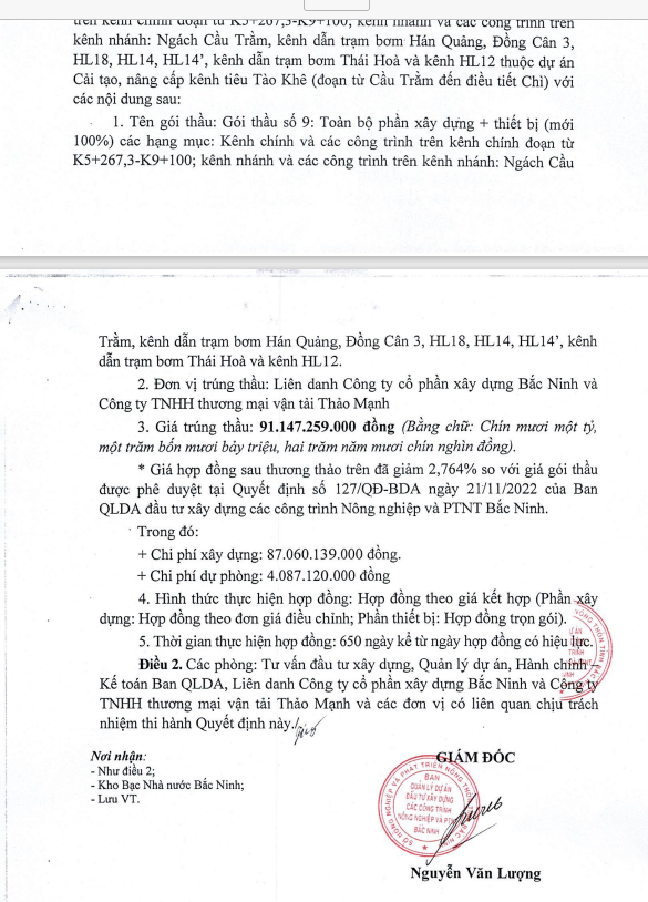 Ban Quản lý dự án đầu tư xây dựng các công trình Nông nghiệp và PTNT Bắc Ninh lựa chọn Công ty cổ phần Xây dựng Bắc Ninh (liên danh) trúng gói thầu hơn 91 tỷ đồng.