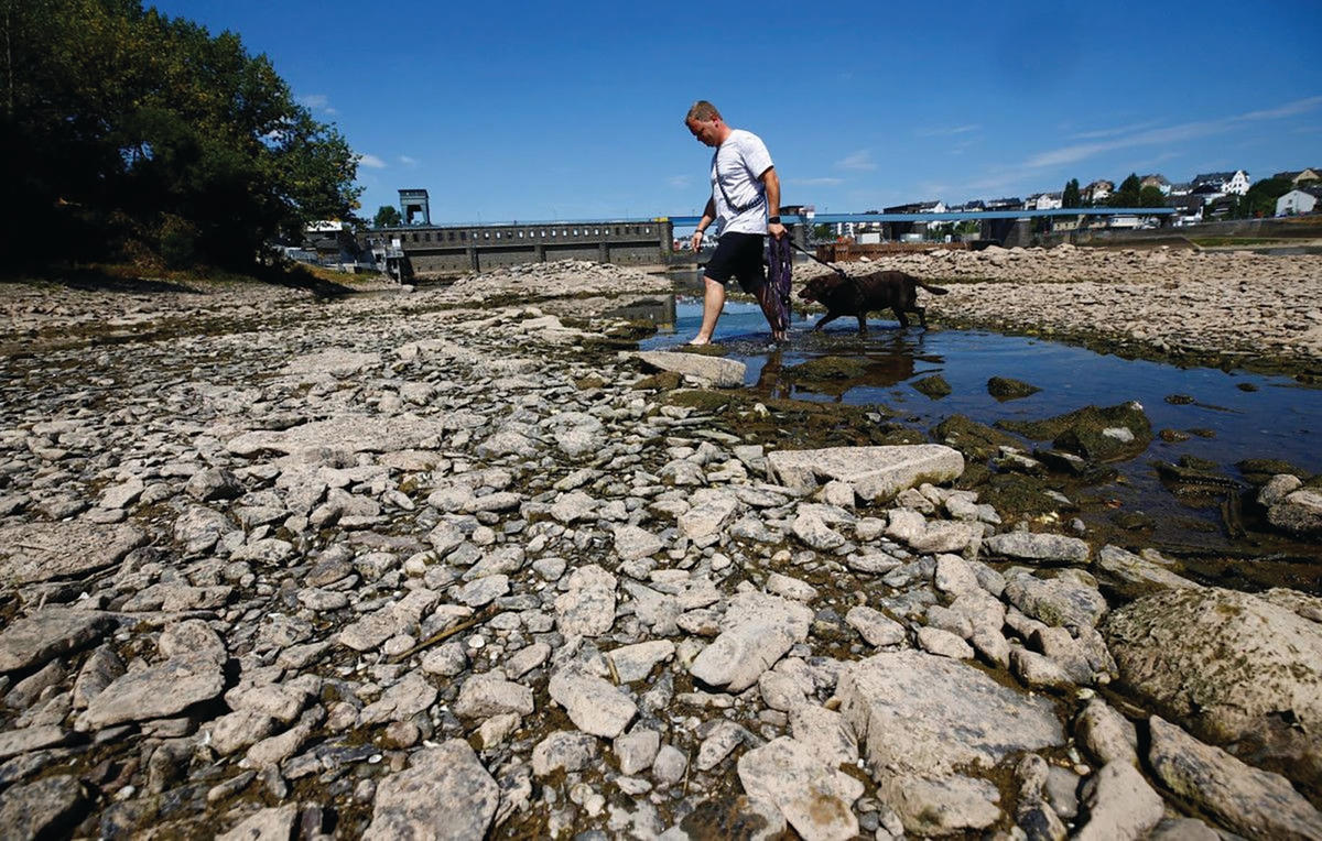 Sông Rhine (đoạn qua nước Đức) cạn trơ đáy do nắng nóng khô hạn. Ảnh: Reuters.  