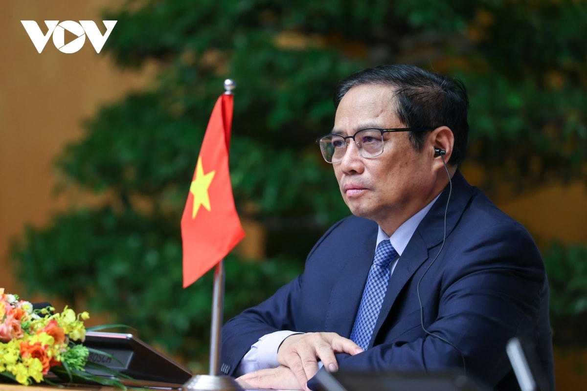 Thủ tướng Chính phủ Phạm Minh Chính phát biểu trực tuyến tại lễ khởi động ở đầu cầu Việt Nam. Ảnh: VOV.