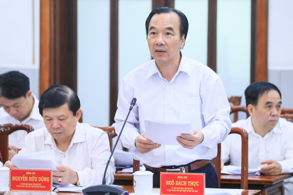 Phó Chủ tịch UBTƯ MTTQ Việt Nam Ngô Sách Thực phát biểu tại buổi làm việc. Ảnh: Quang Vinh.