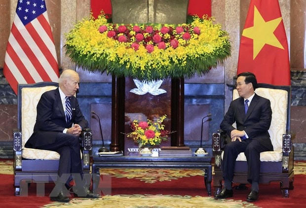 Chủ tịch nước Võ Văn Thưởng tiếp Tổng thống Hoa Kỳ Joe Biden. (Ảnh: Thống Nhất/TTXVN).