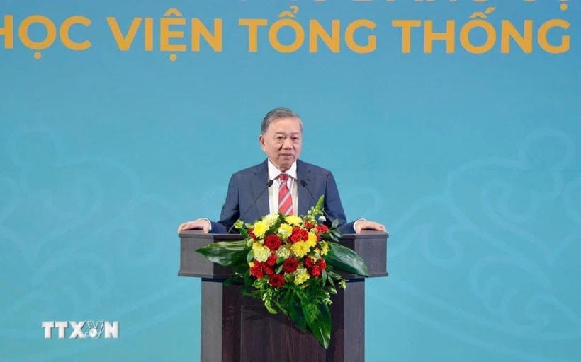 Tổng Bí thư Tô Lâm phát biểu Chính sách tại Học viện Tổng thống Nga. (Ảnh: TTXVN phát)
