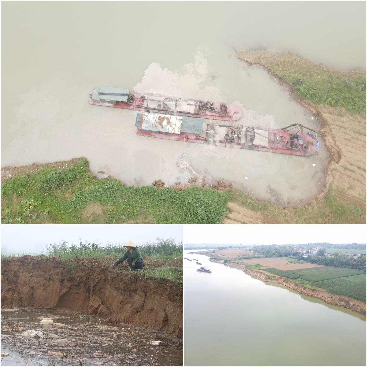 Các tàu hút cát thuộc phạm vi mỏ số 18 cắm vòi vào bãi bồi khiến bờ sông bị sạt nghiêm trọng.