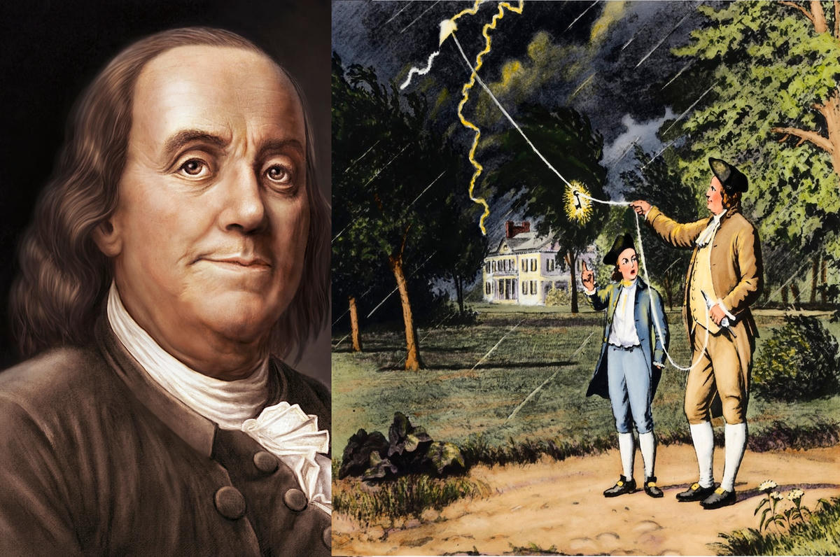 Benjamin Franklin cùng con trai trong thí nghiệm thả diều, khởi nguồn cho cột thu lôi chống sét. Nguồn: History.  