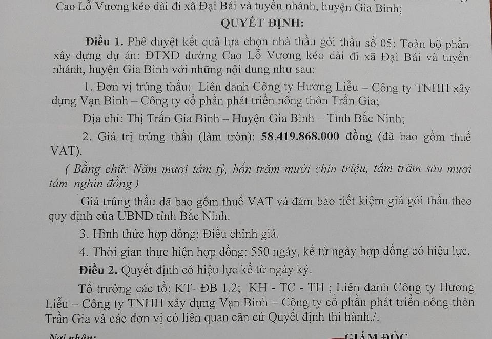 Liên danh Công ty Hương Liễu (TNHH) - Công ty cổ phần phát triển nông thôn Trần Gia - Công ty TNHH Xây dựng Vạn Bình trúng gói thầu hơn 58 tỷ tại huyện Gia Bình.