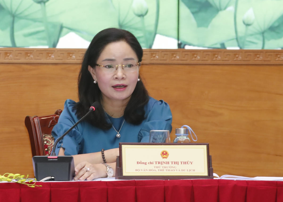 Thứ trưởng Bộ Văn hóa - Thể thao và Du lịch Trịnh Thị Thủyphát biểu tại cuộc họp báo.