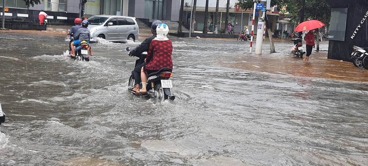 Một số tuyến đường trong nội ô TP Bạc Liêu bị ngập sâu do triều cường dâng cao.