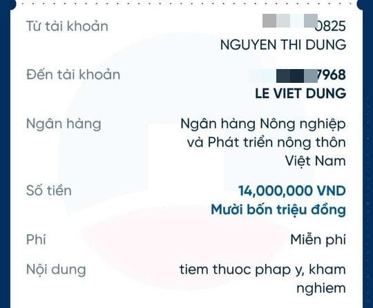 Tiền do gia đình nạn nhân chuyển vào tài khoản của nhân viên Lê Viết Dũng để được tiếp cận thi thể người xấu số.