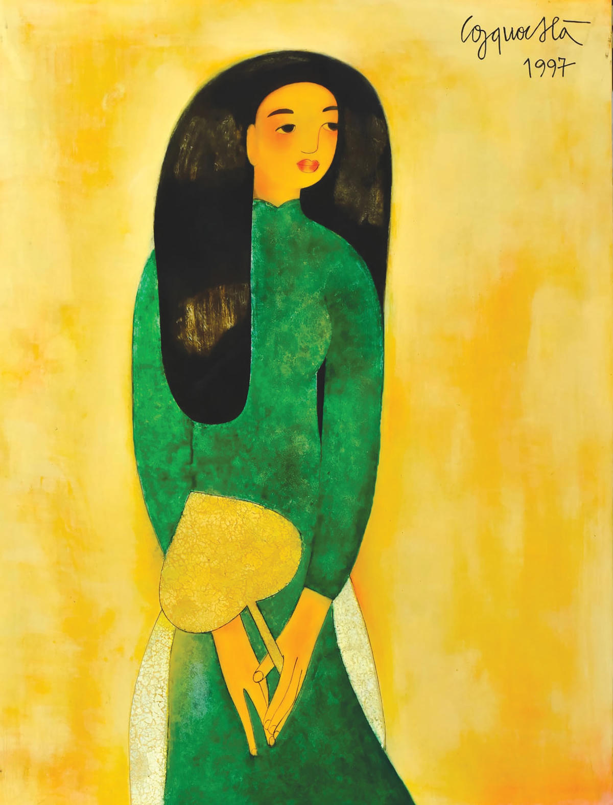 Thiếu nữ cầm quạt (sơn mài, 1997).  