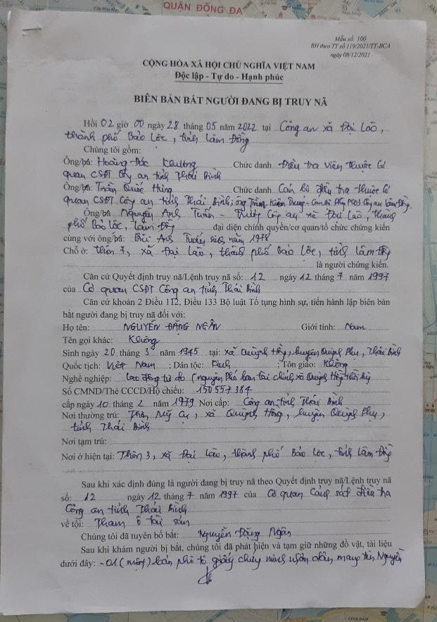 Biên bản bắt Nguyễn Đặng Ngân.