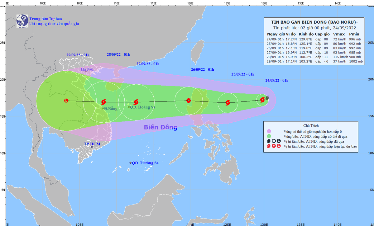 Dự báo đường đi của bão Noru. Ảnh: Trung tâm Dự báo Khí tượng thủy văn quốc gia.