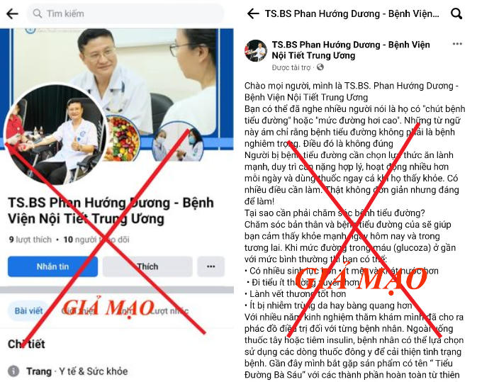 Facebook giả mạo TS.BS Phan Hướng Dương – Phó Giám đốc Bệnh viện Nội tiết trung ương để bán sản phẩm cho người bệnh.