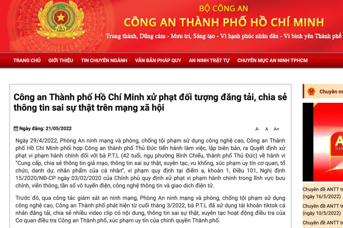 Bà L. bị xử phạt vi phạm hành chính vì đăng thông tin sai sự thật trên mạng xã hội (Ảnh chụp màn hình).