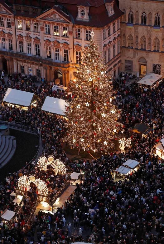 Cây thông Noel được thắp sáng tại chợ Giáng sinh truyền thống ở Quảng trường Phố cổ ở Praha, Cộng hòa Séc.