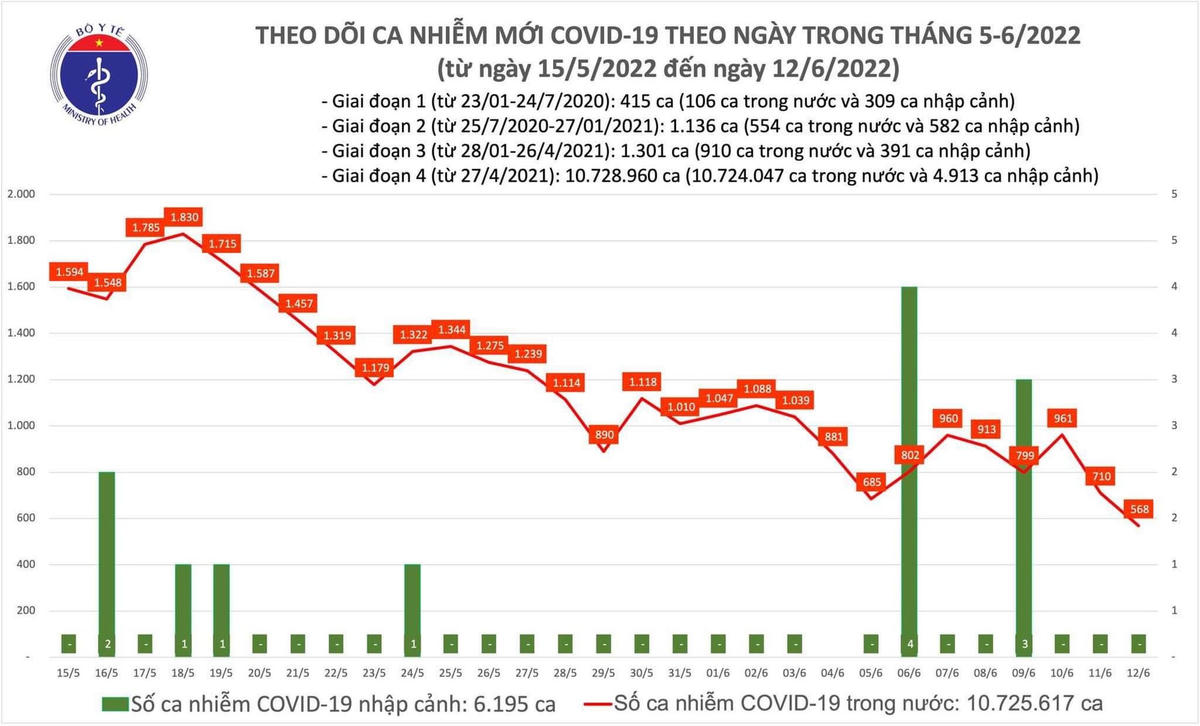 Biểu đồ số ca mắc Covid-19 tại Việt Nam đến ngày 12/6.