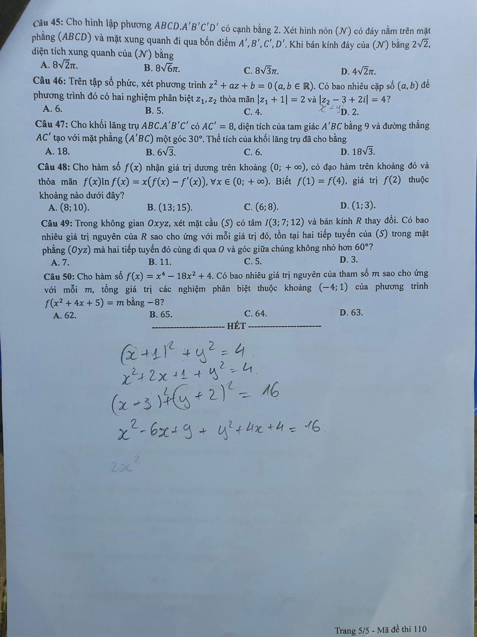 Mã đề thi 110 môn Toán.