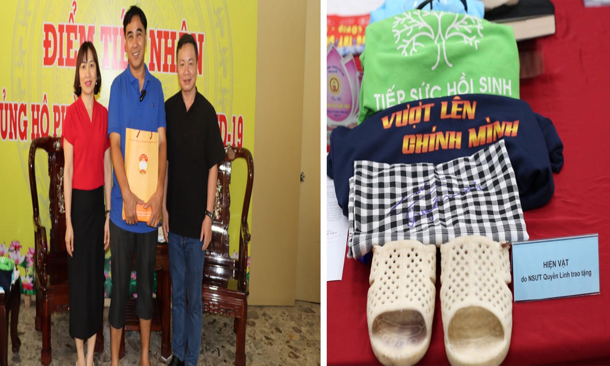 Nghệ sĩ Quyền Linh trao hiện vật cho Bảo tàng MTTQ Việt Nam.