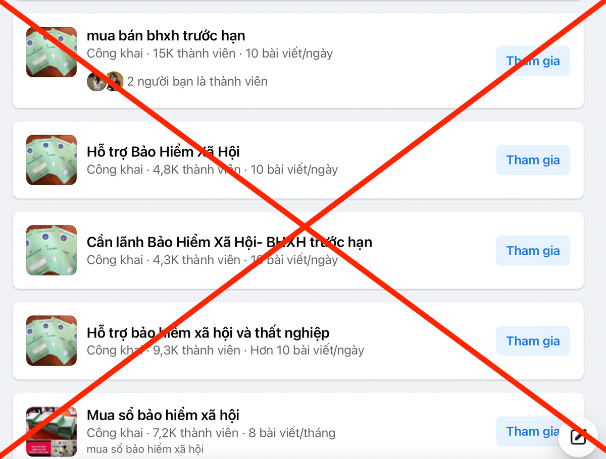 Nhan nhản các hội nhóm mua bán, cầm cố sổ BHXH. Ảnh chụp màn hình.