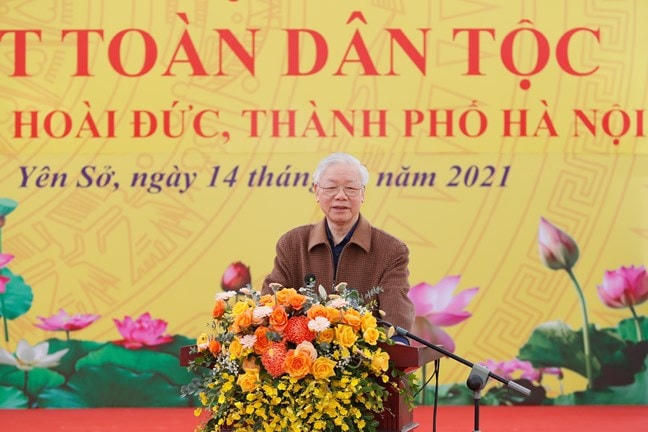 Tổng Bí thư Nguyễn Phú Trọng phát biểu tại Ngày hội Đại đoàn kết toàn dân tộc với bà con thôn 5 xã Yên Sở, huyện Hoài Đức, thành phố Hà Nội ngày 14/11/2021. Ảnh Quang Vinh.