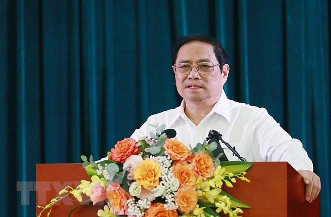 Thủ tướng Phạm Minh Chính phát biểu chỉ đạo tại buổi làm việc với Hội Nhà báo Việt Nam. (Ảnh: Dương Giang/TTXVN).