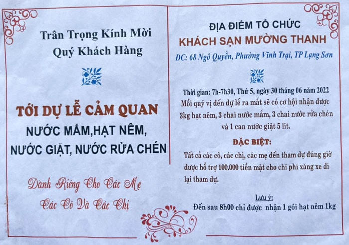 Giấy mời các đối tượng gửi cho người dân với lời mời tham dự hấp dẫn (ảnh do người dân ung cấp).