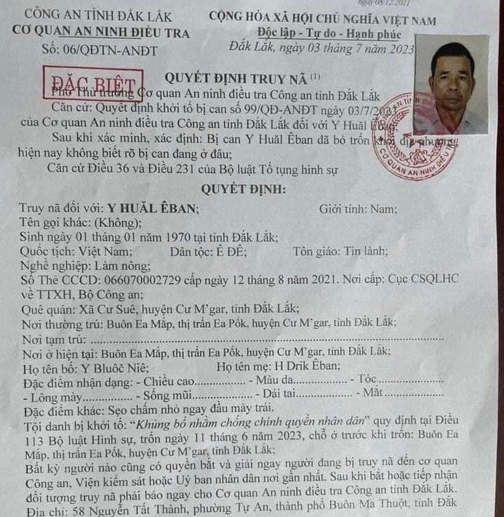 Quyết định truy nã đối với Y Huăl Êban.
