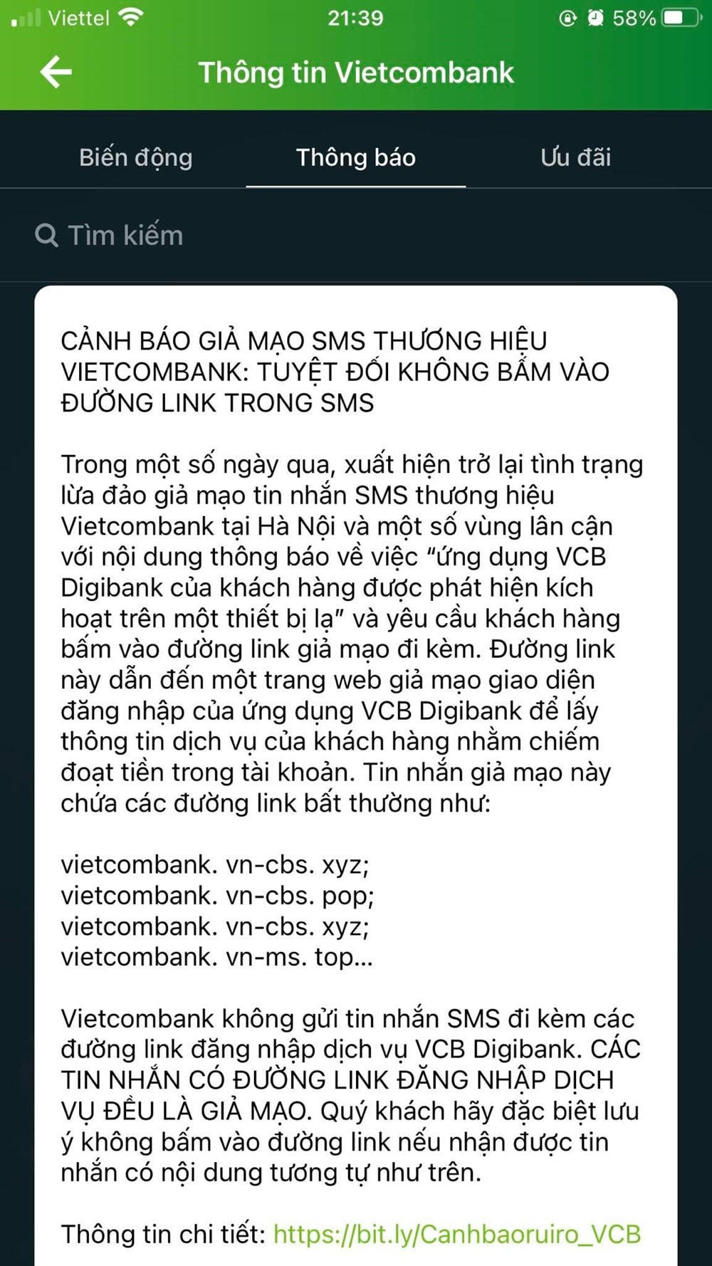 Thông báo cảnh báo của ngân hàng Vietcombank về các tin nhắn lừa đảo.