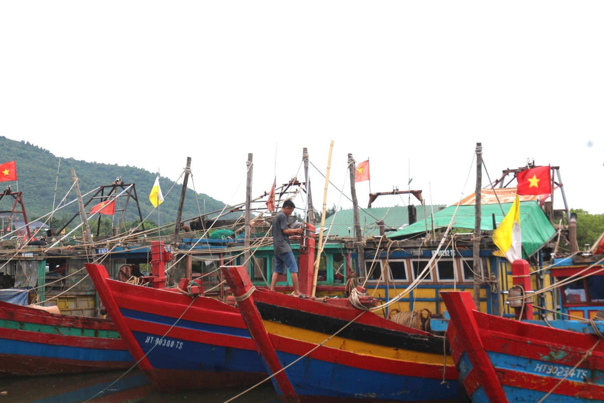 Ngư dân ở cảng Cửa Sót (xã Lộc Hà, Hà Tĩnh) chủ động neo đậu tàu thuyền, gia cố tài sản để ứng phó với bão số 3. Ảnh Hạnh Nguyên. (4)