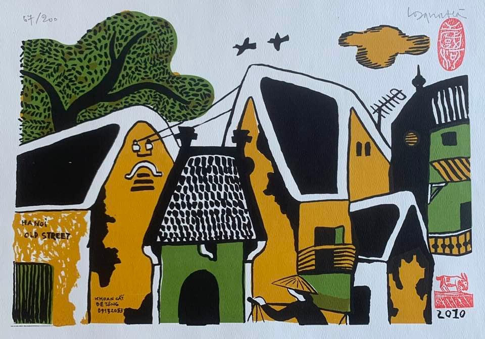 Tác phẩm "Phố Hà Nội" (in Lito, 2010) của họa sĩ Công Quốc Hà tham gia triển lãm đấu giá.
