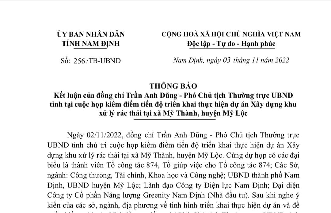 Thông báo kết luận, chỉ đạo mới của lãnh đạo UBND tỉnh Nam Định về dự án Xây dựng khu xử lý rác thải tại xã Mỹ Thành.