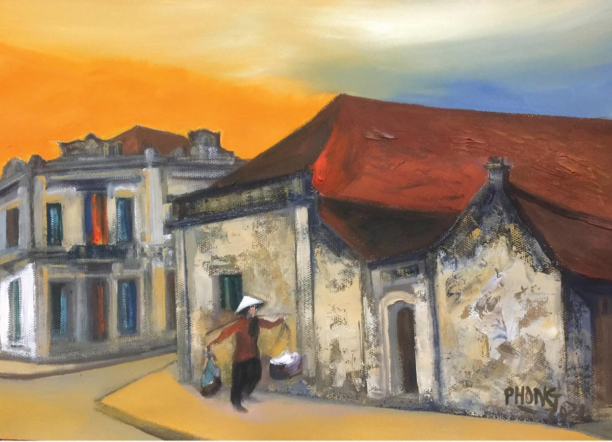 Một bức tranh minh họa của họa sĩ Đào Hải Phong. trong cuốn “Gió đầu mùa & Hà Nội băm sáu phố phường”.