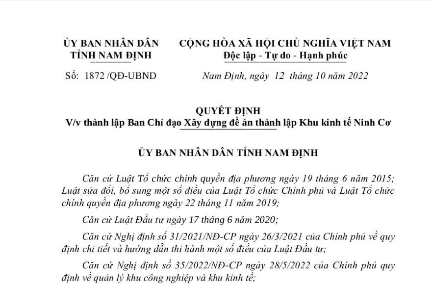 Văn bản quyết định của UBND tỉnh Nam Định.