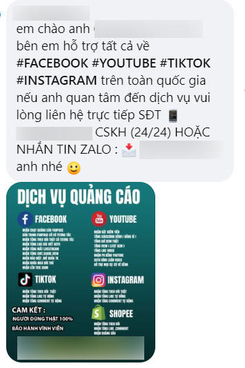 Các tài khoản MXH ảo đi tiếp thị các dịch vụ tương tác.