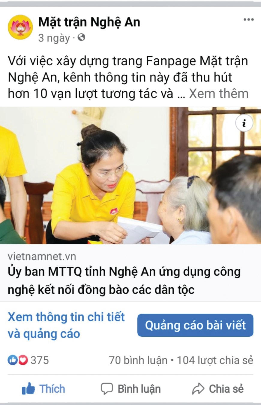 Với những đóng góp cho xã hội, Trang Fanpage “Mặt trận Nghệ An” nhận được sự quan tâm từ các tờ báo hàng đầu Việt Nam đưa tin và bình luận.