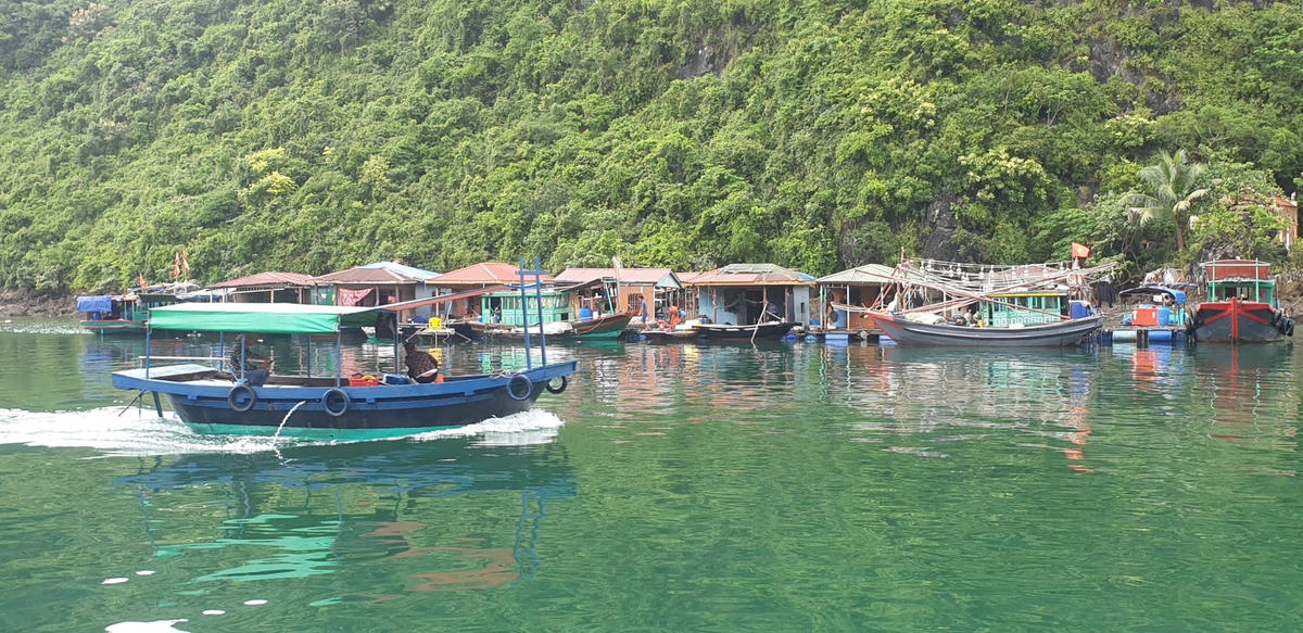 Thuyền máy hoạt động trong làng chài Cửa Vạn. 