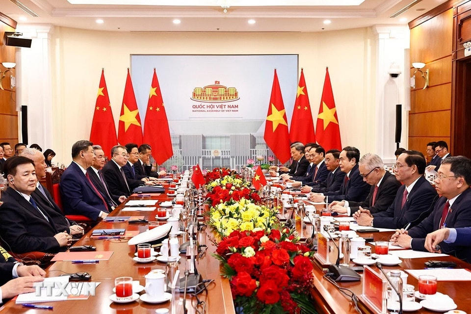 Chủ tịch Quốc hội Trần Thanh Mẫn hội kiến Tổng Bí thư, Chủ tịch nước Trung Quốc Tập Cận Bình thăm cấp Nhà nước tới Việt Nam. (Ảnh: Doãn Tấn/TTXVN)