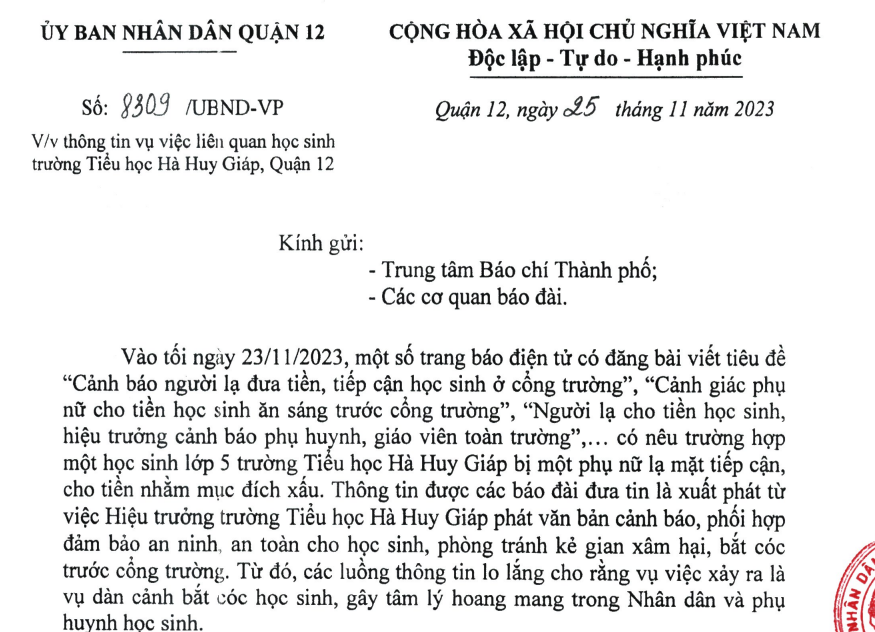 Văn bản thông tin chính thức vụ việc của UBND quận 12 vào ngày 25/11. (Ảnh chụp văn bản).