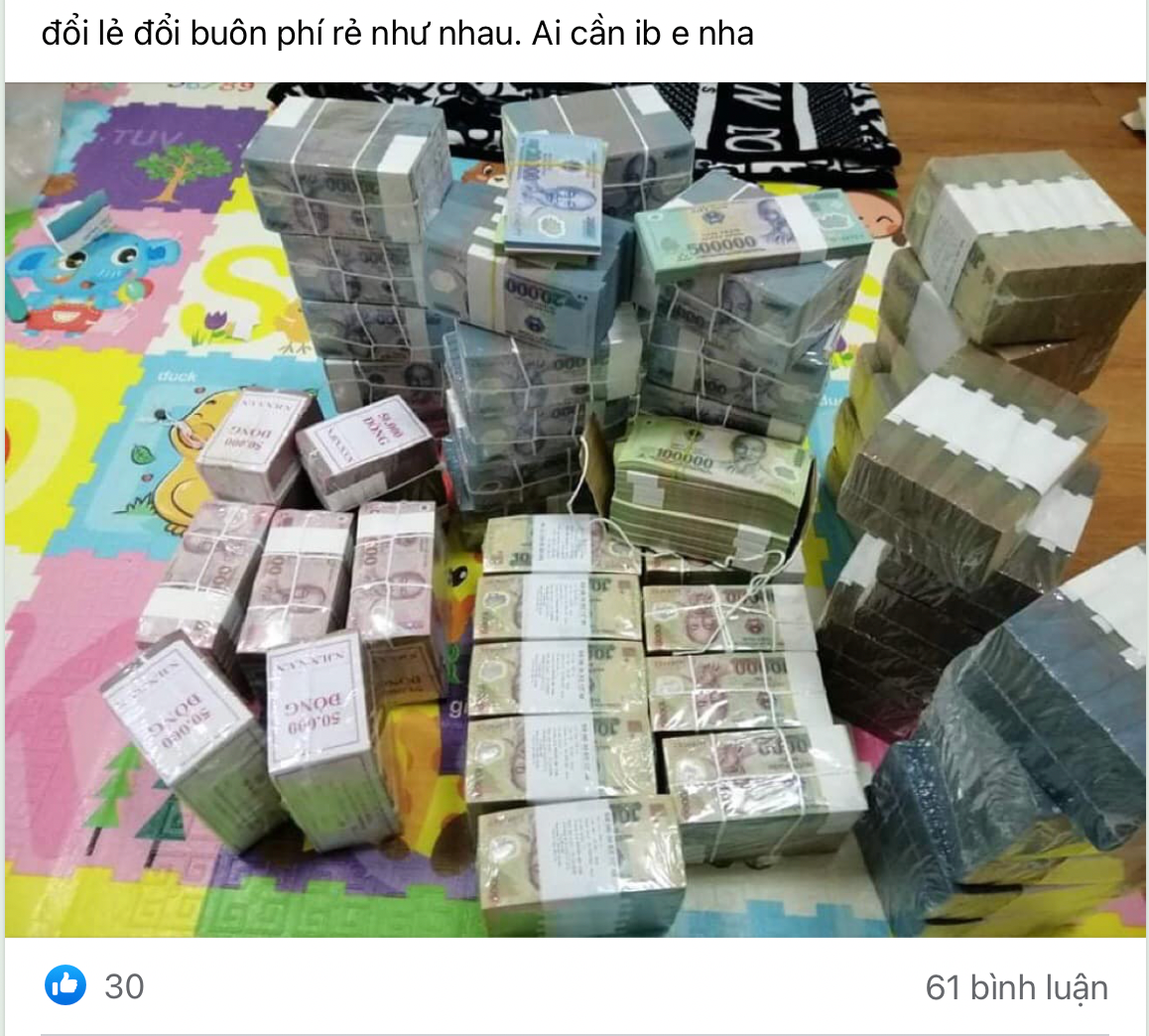 Các bài viết công khai dịch vụ đổi tiền nhan nhản trên các hội nhóm. (Ảnh chụp màn hình).