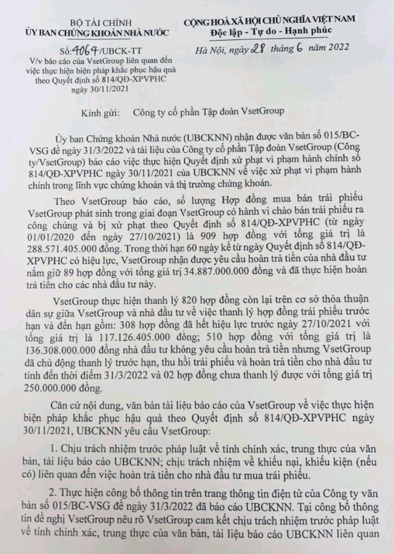 VsetGroup dùng dằng xử lý vụ bán 'chui' hơn 288 tỷ đồng trái phiếu