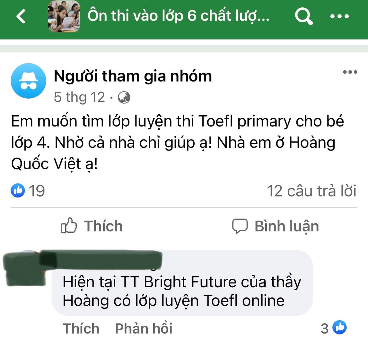 Nhiều phụ huynh tìm kiếm lớp luyện thi TOEFL Primary cho con trên mạng xã hội.