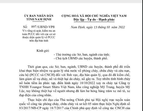 Văn bản chỉ đạo của UBND tỉnh Nam Định.