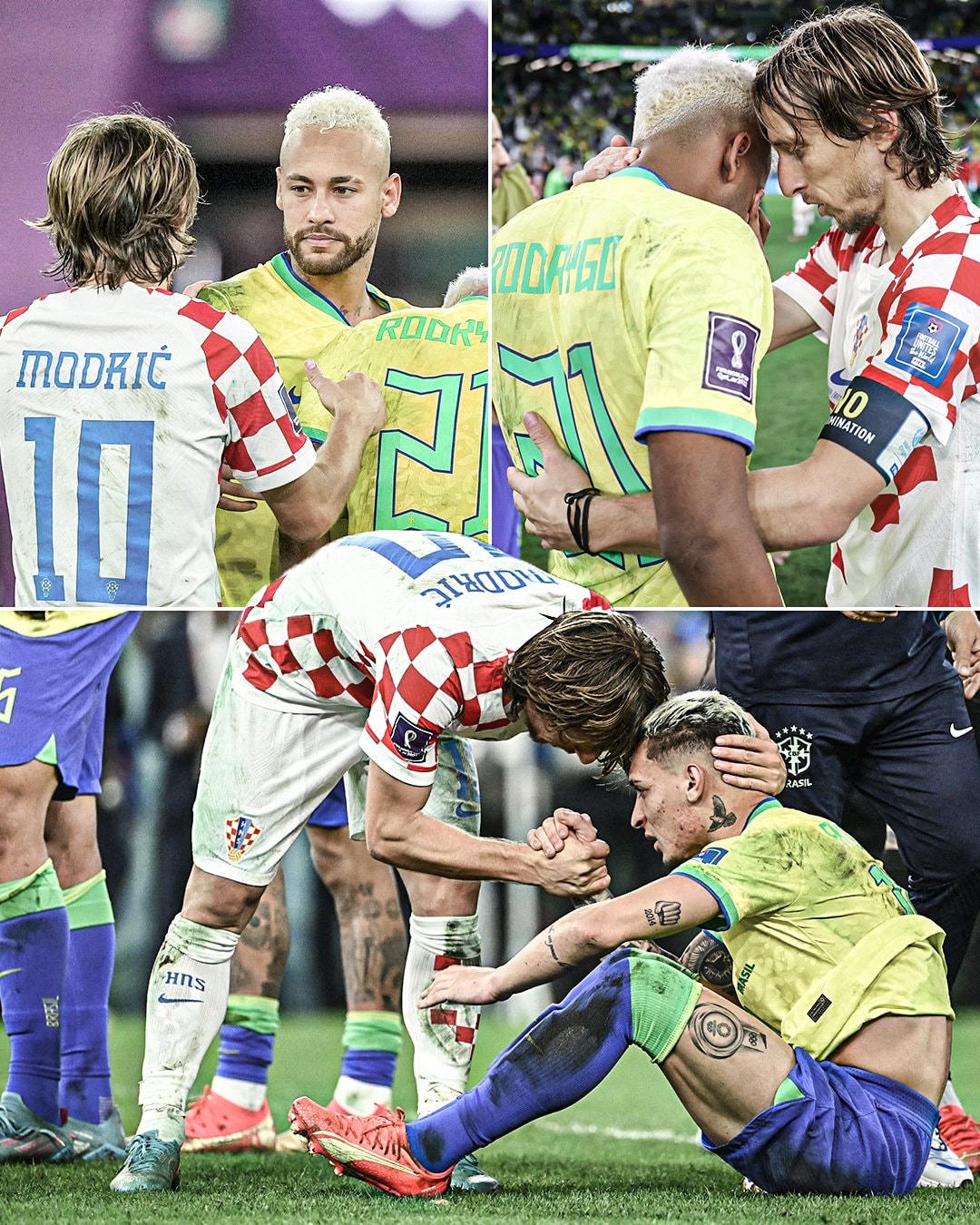 Modric an ủi các cầu thủ Brazil sau trận đấu tứ kết.